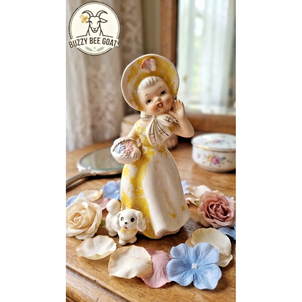 Ceramic Figurine, Vintage Girl withLamb and Poodle, Yellow Dress withBonnet